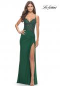 Picture of: Lace Asymmetrical Gown with Jersey Skirt and Twist Knot Detail in Emerald, Style: 31520, Detail Picture 1