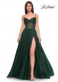 Picture of: A-Line Rhinestone Tulle Embellished Gown with Illusion Top in Emerald, Style: 31970, Detail Picture 1