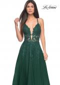 Picture of: Lace Embellished A-line Dress with Lace Up Back in Emerald, Style: 32147, Detail Picture 1