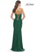 Picture of: Intricate Lace Up Back Jersey Gown with Ruching in Emerald, Style: 31330, Detail Picture 2