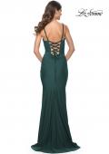 Picture of: Simple Ruched Jersey Dress with Lace Up Back in Emerald, Style: 31919, Detail Picture 2
