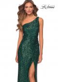 Picture of: Long Sequin One Shoulder Ruched Prom Dress in Emerald, Style: 28401, Detail Picture 3