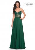 Picture of: Chiffon Gown with Illusion Bustier Top and Lace Up Back in Green, Style: 32296, Detail Picture 3