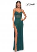 Picture of: Fishnet Rhinestone Fitted Dress with Bustier Top and High Neckline in Emerald, Style: 32446, Detail Picture 3