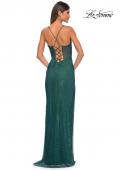 Picture of: Fishnet Rhinestone Fitted Dress with Bustier Top and High Neckline in Emerald, Style: 32446, Detail Picture 4