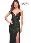Picture of: Long Sequin Gown with Wrap Style Top and Slit in Emerald, Style: 30305, Detail Picture 5