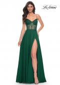 Picture of: Chiffon Gown with Illusion Bustier Top and Lace Up Back in Green, Style: 32296, Detail Picture 5