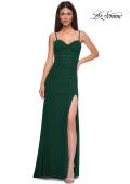 Picture of: Net Jersey Simple Prom Dress with Ruching and Corset Top in Emerald , Style 32925, Detail Picture 5