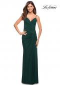 Picture of: Net Jersey Long Ruched Gown with Slit and Open Back in Emerald, Style: 30393, Detail Picture 6
