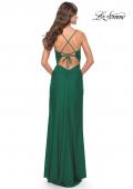 Picture of: Ruched Deep V Dress with Trendy High Slit in Emerald, Style: 31127, Style: 31127