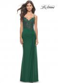Picture of: Lace Asymmetrical Gown with Jersey Skirt and Twist Knot Detail in Emerald, Style: 31520, Detail Picture 6