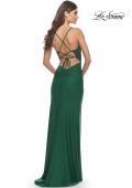 Picture of: Lace Asymmetrical Gown with Jersey Skirt and Twist Knot Detail in Emerald, Style: 31520, Detail Picture 7