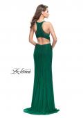 Picture of: Long Metallic Beaded Prom Gown with Front Cut Outs in Forest Green, Style: 26300, Back Picture