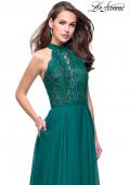 Picture of: Long A Line Chiffon Dress with Lace Up Neckline in Forest Green, Style: 25347, Detail Picture 2