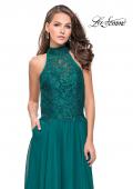 Picture of: Long A line Chiffon Dress with High Neck Lace Up Top in Forest Green, Style: 25355, Detail Picture 2