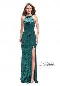 Picture of: Crushed Velvet Prom Dress with High Neckline and Leg Slit in Forest Green, Style: 25734, Detail Picture 2