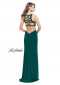 Picture of: Long Jersey Prom Dress with Lace Up Strappy Open Back in Forest Green, Style: 25504, Detail Picture 3