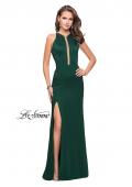 Picture of: High Neck Satin Gown with Leg Slit and Strappy Back in Forest Green, Style: 25962, Detail Picture 3