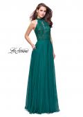 Picture of: Long A Line Chiffon Dress with Lace Up Neckline in Forest Green, Style: 25347, Detail Picture 5