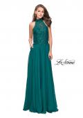 Picture of: Long A line Chiffon Dress with High Neck Lace Up Top in Forest Green, Style: 25355, Detail Picture 5