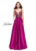 Picture of: Long Satin Dress with A Line Skirt and Beaded Top in Fuchsia, Style: 25348, Main Picture