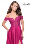 Picture of: A-line Off the Shoulder Satin Dress with Beaded Lace Bodice in Fuschia, Style: 25694, Detail Picture 1