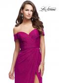 Picture of: Off the Shoulder Prom Dress with Wrap Side Leg Slit in Fuchsia, Style: 25955, Detail Picture 1