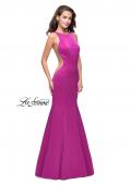 Picture of: Satin Mermaid Prom Gown with Mesh and Scoop Back in Fuchsia, Style: 26076, Detail Picture 1