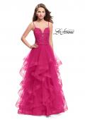 Picture of: Long Ball Gown with Tulle Skirt and Beaded Lace Bodice in Fuchsia, Style: 25857, Detail Picture 2