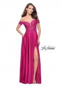 Picture of: A-line Off the Shoulder Satin Dress with Beaded Lace Bodice in Fuchsia, Style: 25694, Detail Picture 3