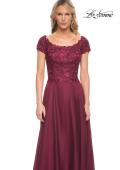 Picture of: Short Sleeve Chiffon Dress with Lace Bodice in Garnet, Style: 26550, Detail Picture 1