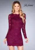 Picture of: Long Sleeve Short Lace Dress with Open Strappy Back in Garnet, Style: 25134, Main Picture