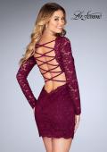 Picture of: Long Sleeve Short Lace Dress with Open Strappy Back in Garnet, Style: 25134, Back Picture