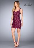 Picture of: Deep V Short Lace Dress with Illusion Sheet Sides in Garnet, Style: 25025, Detail Picture 2