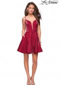 Picture of: Fit and Flare Satin Short Dress with Deep Neckline in Garnet, Style: 26659, Detail Picture 2
