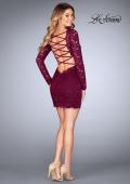 Picture of: Long Sleeve Short Lace Dress with Open Strappy Back in Garnet, Style: 25134, Detail Picture 4