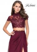 Picture of: Chiffon Two Piece Gown with Lace Top and Belt Detail in Garnet, Style: 25384, Main Picture