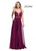 Picture of: Chiffon A-line Dress with Beaded Lace Bodice in Garnet, Style: 26082, Detail Picture 1