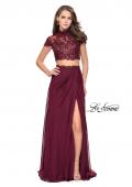 Picture of: Chiffon Two Piece Gown with Lace Top and Belt Detail in Garnet, Style: 25384, Detail Picture 2