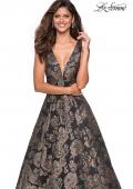 Picture of: Metallic Floral Prom Gown with V Neckline and Pockets in Gold Black, Style: 27482, Main Picture