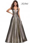 Picture of: Metallic A-Line Prom Gown with Criss Cross Strappy Back in Gold Black, Style: 27532, Main Picture