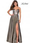Picture of: Metallic A-line Prom Gown with Side Leg Slit in Gold Black, Style: 27619, Main Picture