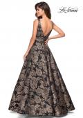 Picture of: Metallic Floral Prom Gown with V Neckline and Pockets in Gold Black, Style: 27482, Back Picture
