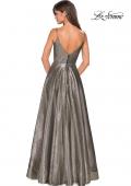 Picture of: Metallic A-line Prom Gown with Side Leg Slit in Gold Black, Style: 27619, Back Picture