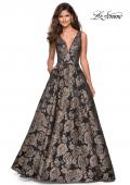 Picture of: Metallic Floral Prom Gown with V Neckline and Pockets in Gold Black, Style: 27482, Back Picture