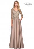 Picture of: Floor Length Satin Dress with Lace Detail and Pockets in Gold Olive, Style: 27235, Detail Picture 2