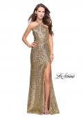 Picture of: Long Sequin Halter Prom Dress with Strappy Back and Slit in Gold, Style: 25418, Main Picture