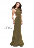 Picture of: Long Form Fitting Jersey Prom Dress with Flare Skirt in Gold, Style: 25421, Detail Picture 2