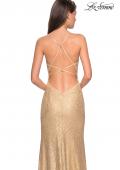 Picture of: Gold Stretch Lace Prom Dress with Strappy Back and Slit in Gold, Style: 27725, Detail Picture 2