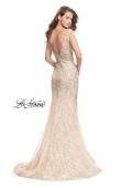 Picture of: Form Fitting Mermaid Lace Dress with Metallic Beading in Gold Nude, Style: 26125, Back Picture
